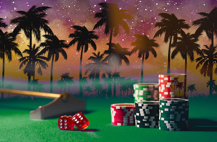 Casino chips and a rake in front of palm trees.