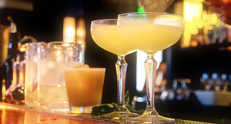 Cocktails on a bar.