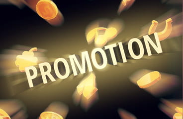 The word promotion surrounded by gold coins.
