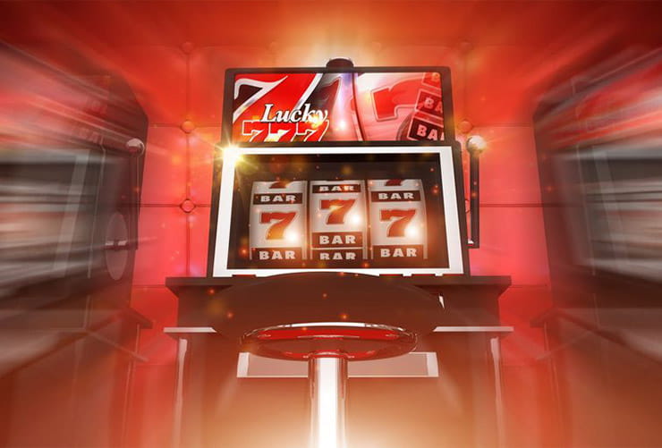 A slot machine showing triple seven.