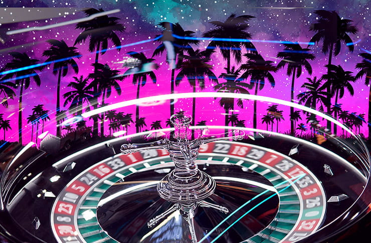 A roulette wheel spins above Las Vegas.